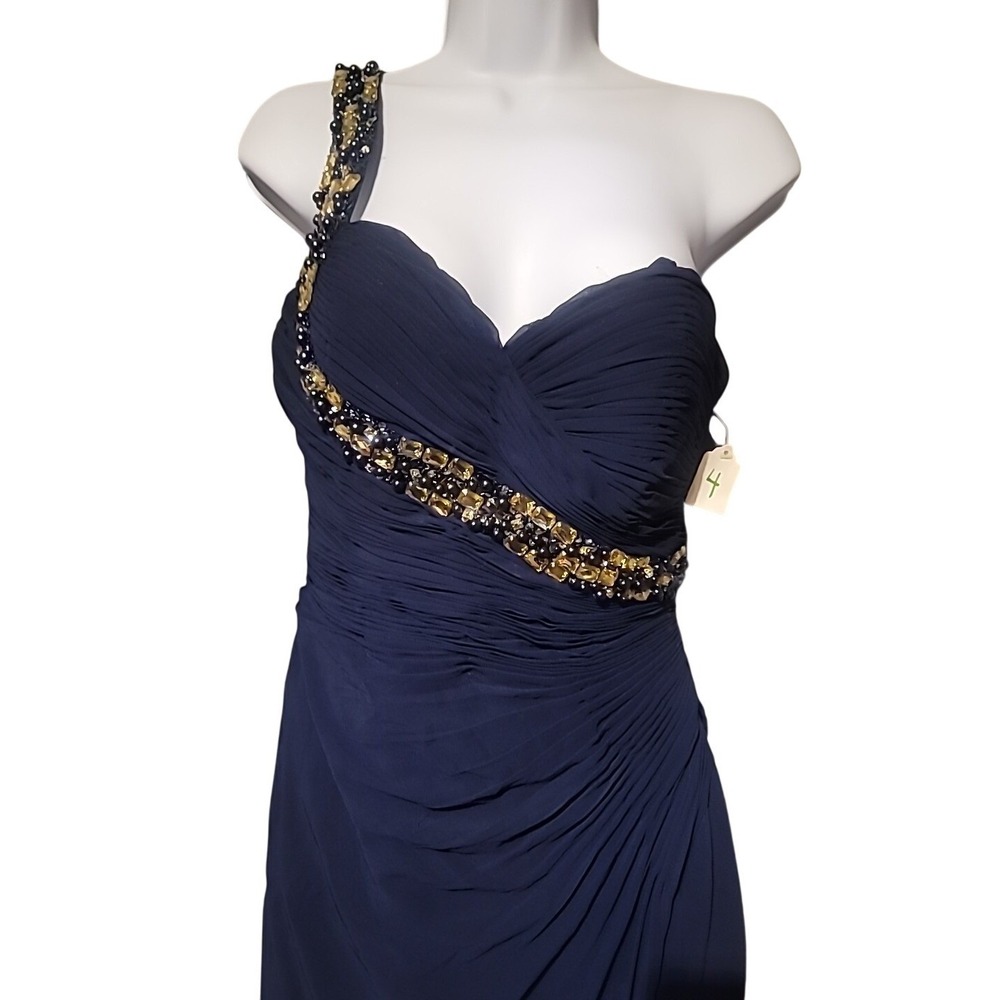 Faviana Glamour‎ Navy Blue One Shoulder Beaded Ruched Prom Formal Gown Dress 4